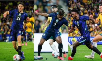Jair, Danilo e Vini Jr no amistoso do Brasil contra a Austr�lia. Fotos: Rafael Ribeiro/CBF e Patrick Hamilton/AFP