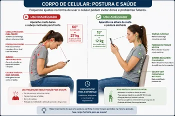 Uso constante do celular com a cabe�a abaixada for�a a coluna e gera uma sobrecarga de at� 27 quilos na regi�o cervical