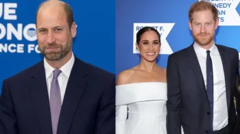 Harry e Meghan ao lado de William e Kate Middleton. (Foto: Getty)