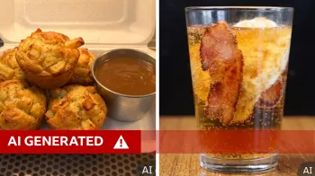 Um muffin de batata frita e um refrigerante de bacon e ovo - itens do card�pio conhecidos no Reino Unido, mas n�o pela IA que criou esta imagem.