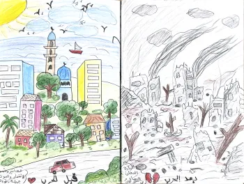 Desenho de Dina, 11 anos, mostrando como era seu bairro antes da guerra e como ficou ap�s os ataques israelenses.