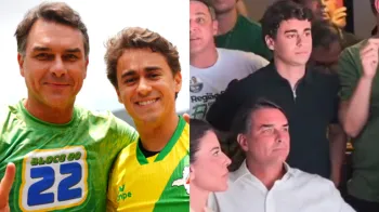 Nikolas Ferreira e Flávio Bolsonaro durante a apuração dos votos (Foto: Vittor Sales)
