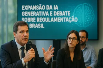 A imagem mostra a evolu��o da tecnologia IA generativa e a expans�o do 5G no Brasil, destacando inova��es e desafios regulat�rios.