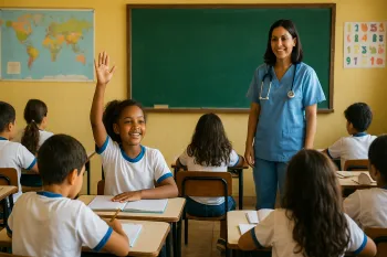A imagem mostra uma sala de aula moderna, simbolizando os avan�os na educa��o e a import�ncia da infraestrutura escolar no Brasil em 2026.