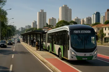 Imagem ilustrativa mostrando ciclovias e transporte p�blico em uma cidade brasileira, destacando melhorias na infraestrutura urbana.