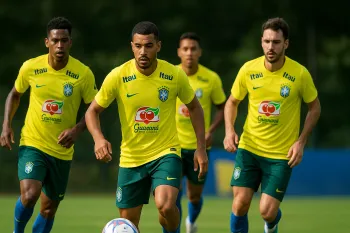 Jogadores da Sele��o Brasileira durante treino intensivo para a Copa do Mundo de 2026, buscando entrosamento e aprimoramento t�cnico.