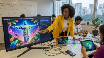 Imagem ilustrativa de tecnologias emergentes, destacando IA generativa e 5G no Brasil.