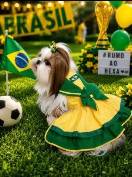 Cachorro vestindo roupinha da sele��o brasileira. Foto: Divulga��o