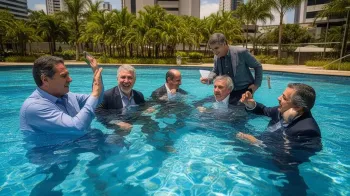 Foto ilustrativa: Os donos do or�amento secreto na piscina do advogado | Estad�o Analisa (IA)