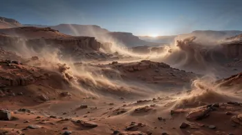 Foto ilustrativa: Imagem in�dita da Nasa mostra amanhecer em Marte com pared�es de vento (IA)