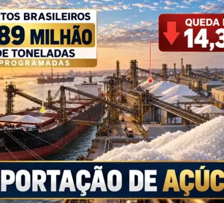 Exporta��o de a��car: portos t�m 1,89 milh�o de toneladas programadas, queda de 14,3%
