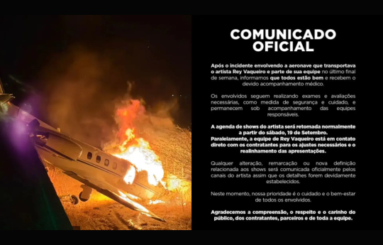 Cantor Rey Vaqueiro cancela parte dos shows depois de avi�o pousar fora da pista no RN