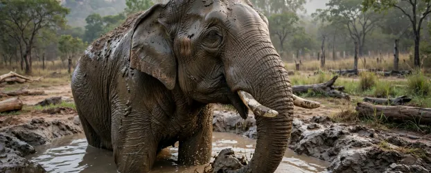 Elefante Sandro passa primeira noite em santu�rio e toma banho de lama na manh�