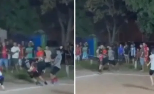 Jogador � derrubado com soco durante partida de futebol amador em Cuiab�