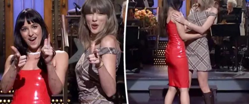 Taylor Swift aparece de surpresa no SNL e � chamada de 'terapeuta' por Dakota Johnson