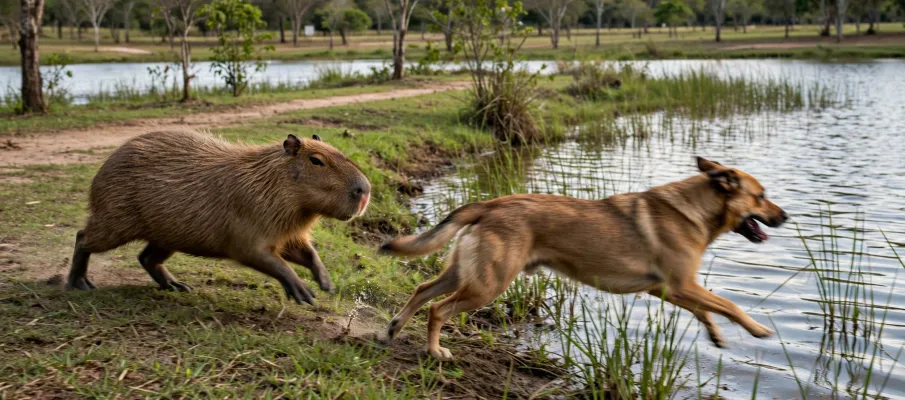Capivara p�e cachorro para correr na beira de um lago em Cuiab�