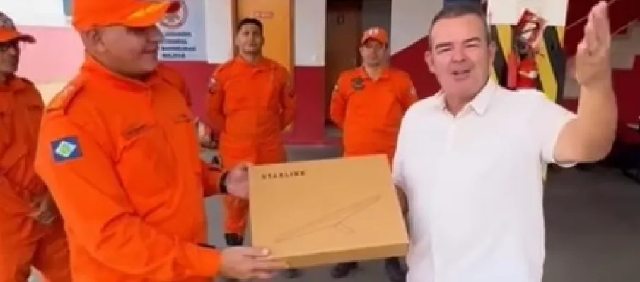 Empresrio e pr-candidato Marcelo Aquino doa antena Starlink para o Corpo de Bombeiros de Barra do Garas
