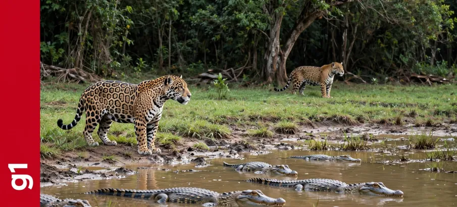 Dois felinos grandes causam p�nico em r�pteis durante banho de sol no Pantanal