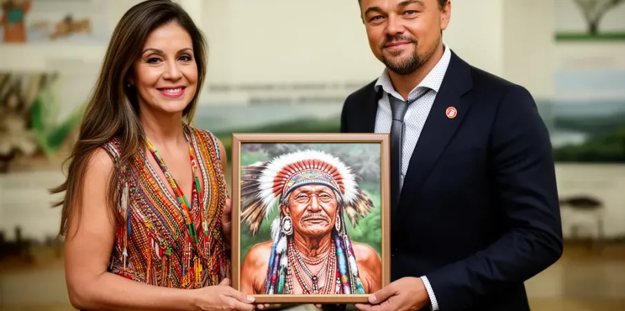 Janja d� retrato do cacique Raoni de presente para Leonardo DiCaprio